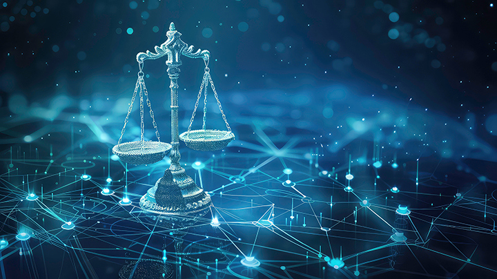 Image depicts scales of justice surrounded by technological graphic